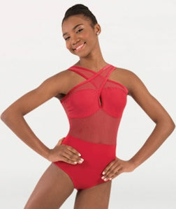 Body Wrappers Brand - Fine Mesh Stripe Cross-Over Front Leotard